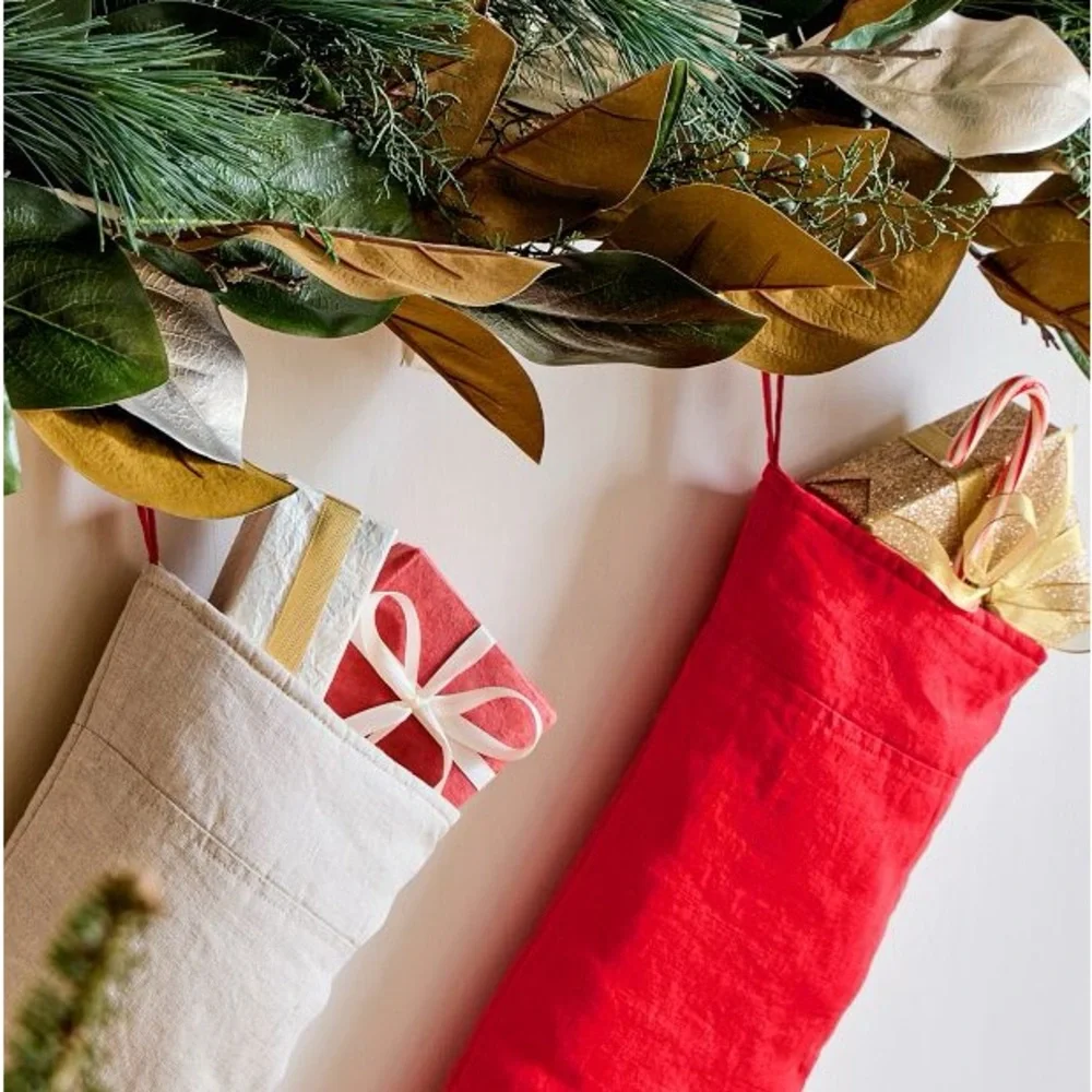 West Elm Pottery Barn Neutral Linen Stockings NWT - Picture 2 of 7